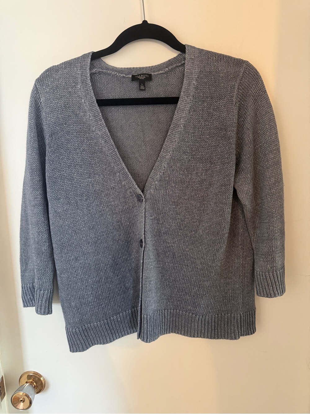 Talbots Petites 100% Linen Grey Blue Cardigan Large Lightweight Coastal
